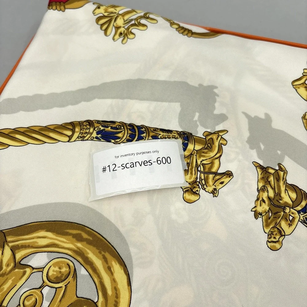 Hermes Scarf Silk Red Gold Les Cavaliers D'Or Horse Print Square Carre 90 VTG